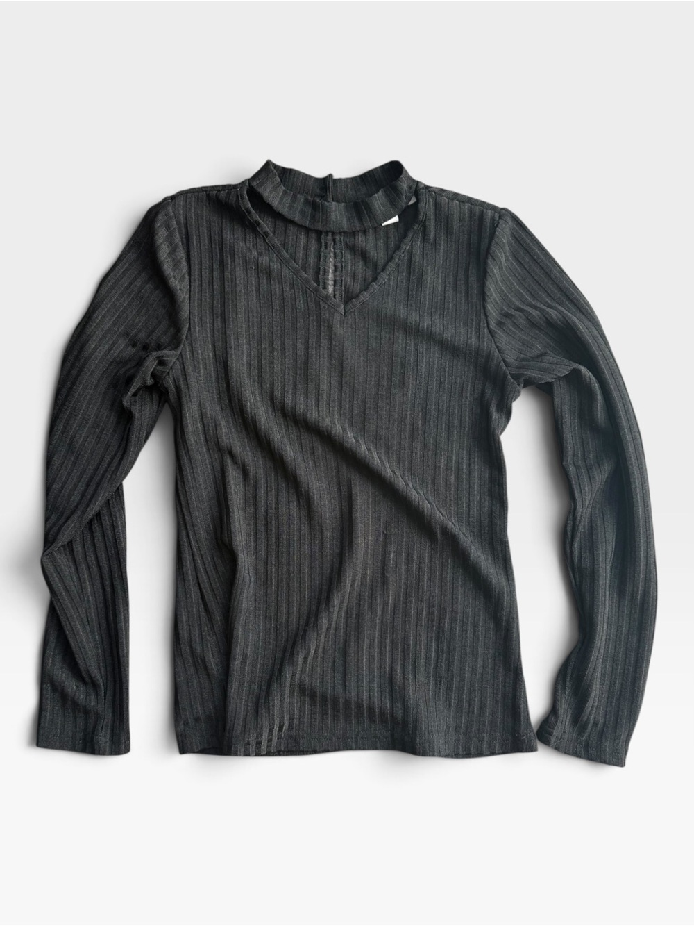 Peyton Bre Black Long-Sleeve Ribbed Top with iV-Notch and Collar
